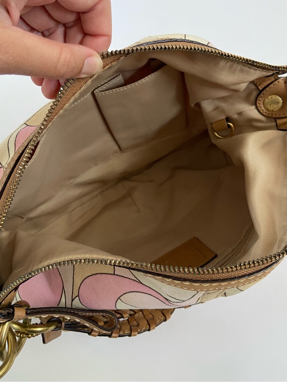 Coach Pink & Tan Signature Optic Print with Braided Handle Hobo Purse - Picture 8 of 9